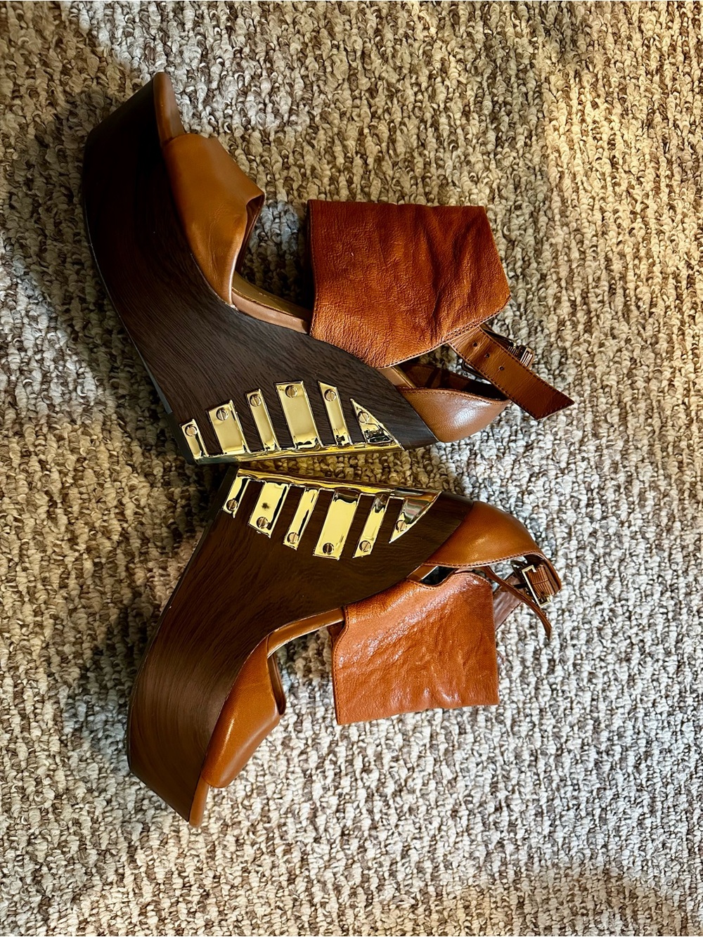 Gianni Bini Cognac Leather Platform Wedge Sandals with Gold Accent